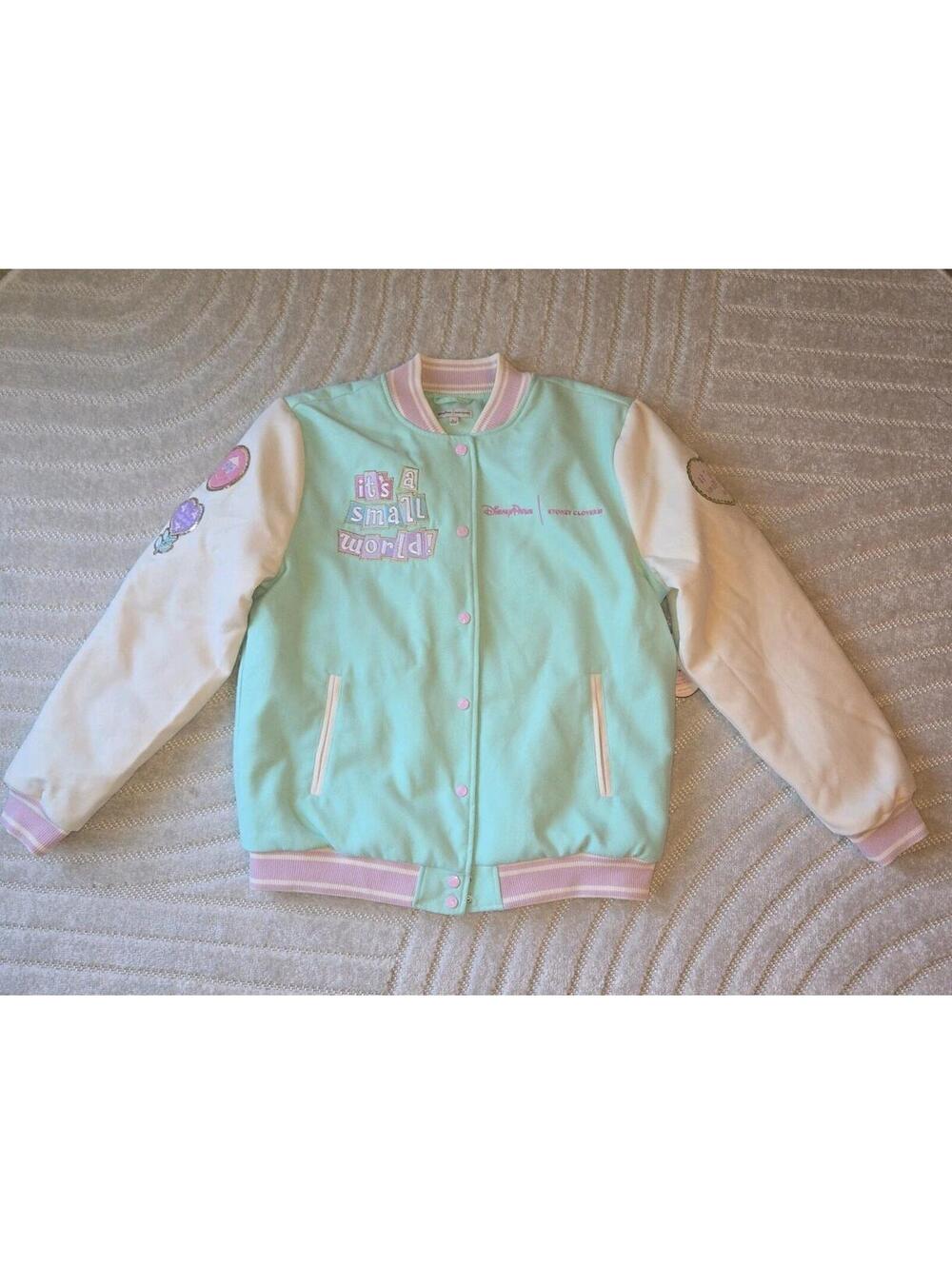 NWT Disney Parks It’s a Small World Varsity Jacket Pastel Pink Stoney Clover L